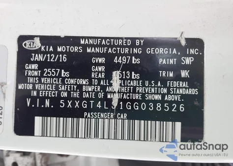 2016 Kia Optima Lx from USA, damaged, VIN 5XXGT4L31GG038526